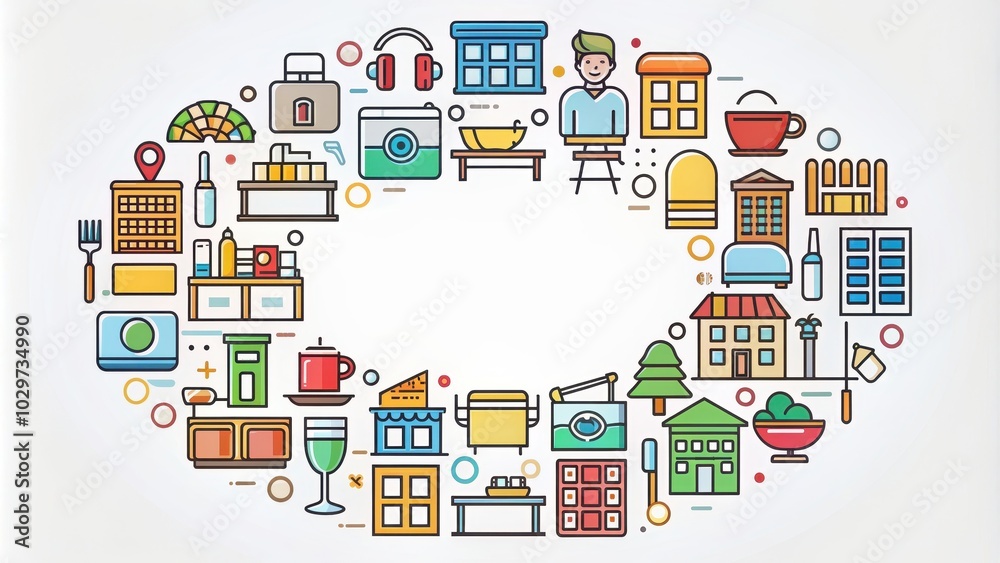 Circle of hotel and restaurant icons representing accommodation and dining options, hotel, restaurant, icons, circle, accommodation Circle of hotel and restaurant icons representing accommodation and dining options, hotel, restaurant, icons, circle, accommodation