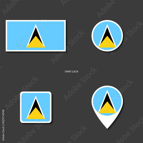 Saint Lucia flag icon set in different shape (rectangle, circle, square and marker icon) on dark grey background. Saint Lucia sticker icon collection on barely dark background