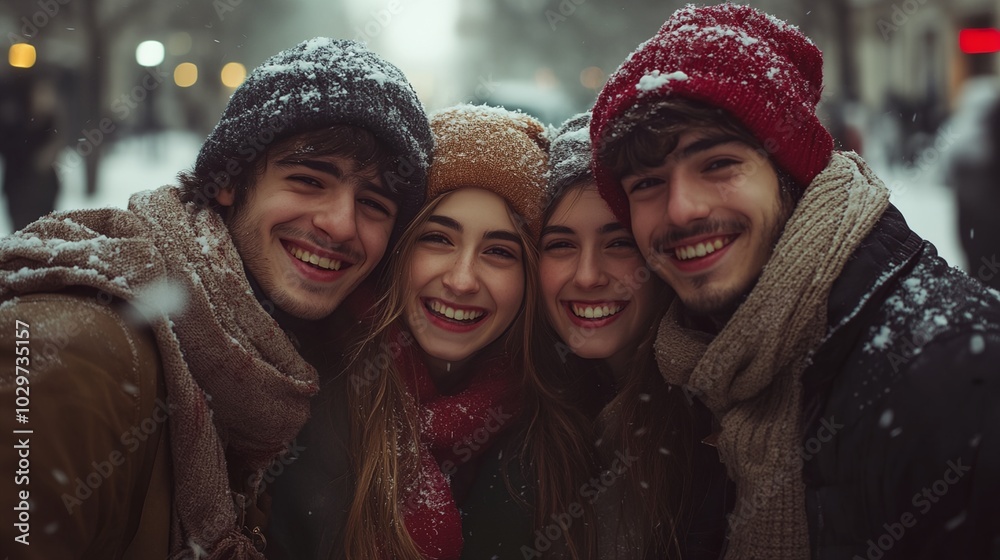 Four people are smiling and wearing hats and scarves. They are posing for a picture together. Scene is happy and cheerful Four people are smiling and wearing hats and scarves. They are posing for a picture together. Scene is happy and cheerful
