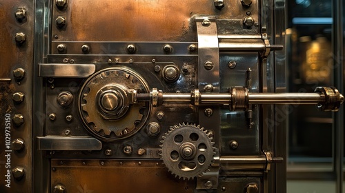 A close-up of a heavy duty safe door