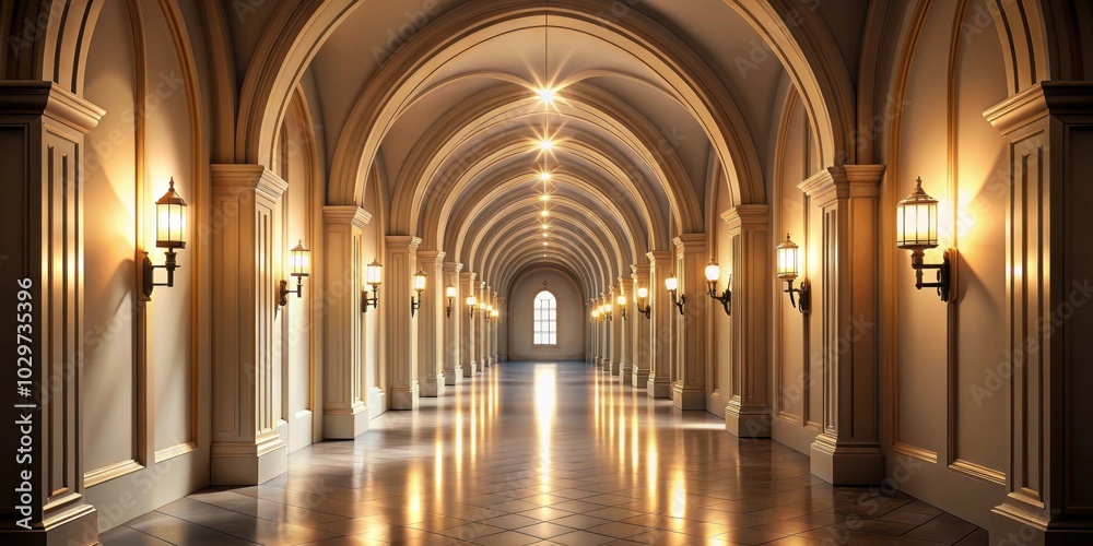Vaulted hallway with elegant doors lined in softly illuminated atmosphere, vaulted, hallway, elegant, doors Vaulted hallway with elegant doors lined in softly illuminated atmosphere, vaulted, hallway, elegant, doors