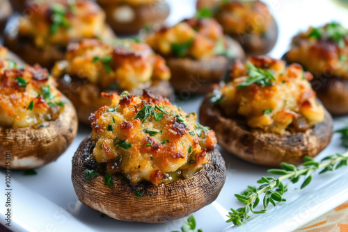 Plate of stuffed mushrooms with bacon and cheese on rustic wooden table, garnished with fresh herbs and cherry tomatoes, captured in soft natural light.