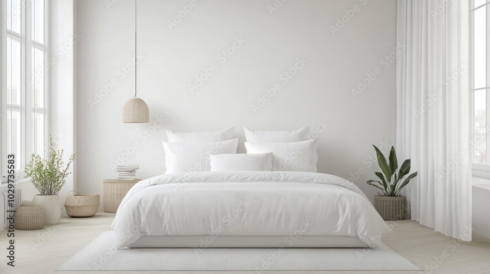 Fototapeta premium Modern bedroom with white tones, minimalist decor, featuring a double bed