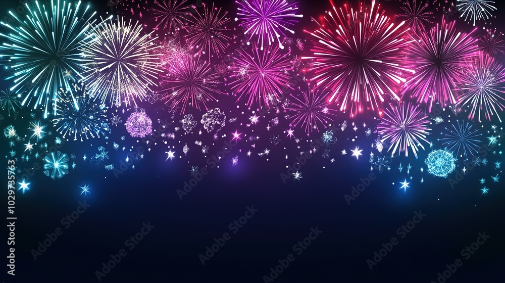 Fototapeta premium Spectacular Fireworks Display Against a Dark Night Sky, Bursting with Colorful Explosions and Illuminating the Nightview in a Brilliant and Festive Scene