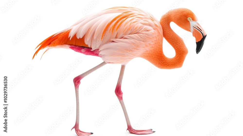 Obraz premium Elegant Flamingo Standing Gracefully on a White Background, Capturing the Beauty of Nature and the Exotic Charm of This Tropical Bird