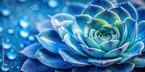 Close up of succulent flower head with water rain drop in a blue nature plant tone, succulent, flower, water drop, rain, blue