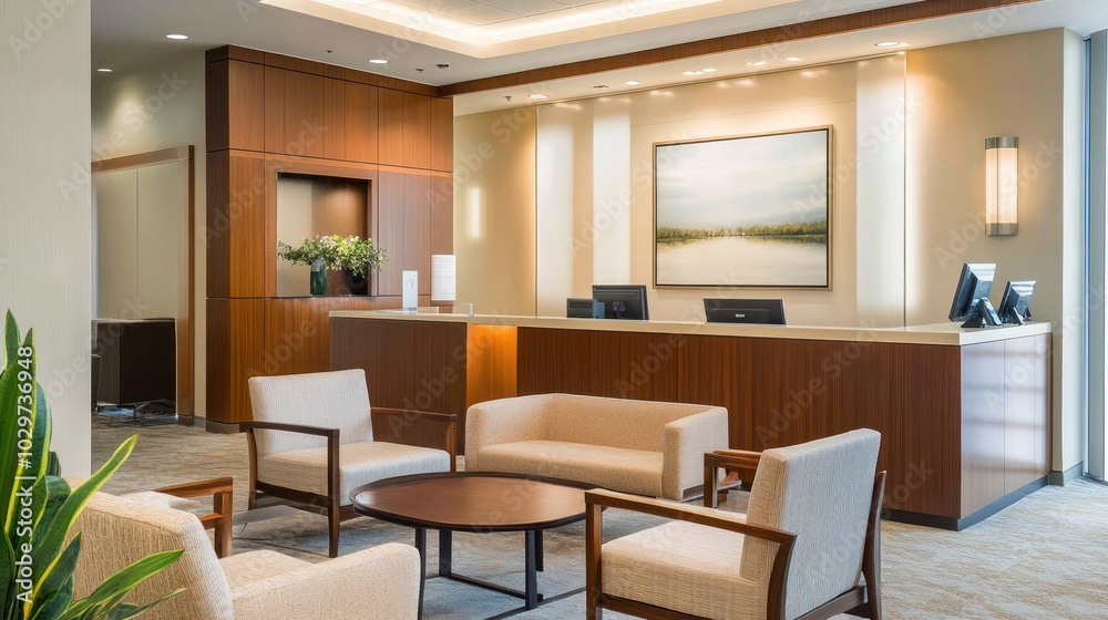 Modern healthcare interior design featuring calming lighting, functional furniture, and sleek decor Modern healthcare interior design featuring calming lighting, functional furniture, and sleek decor