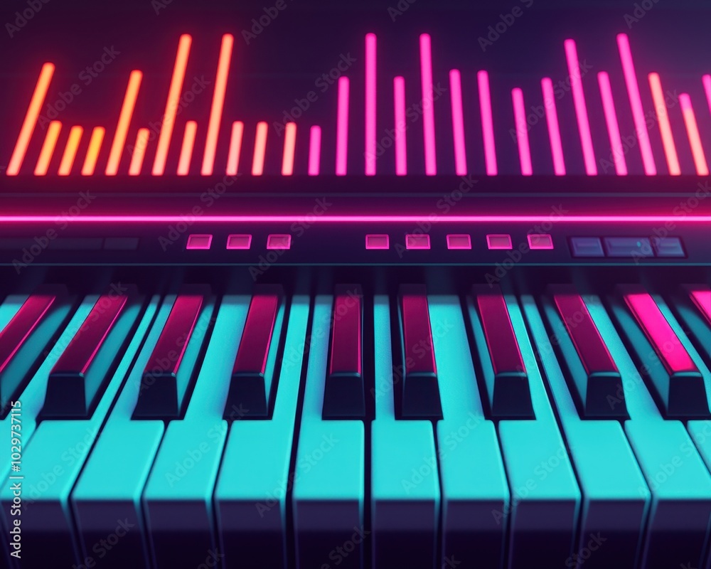 Fototapeta premium A vibrant, modern piano with illuminated keys and an audio equalizer display showcasing colorful sound waves.