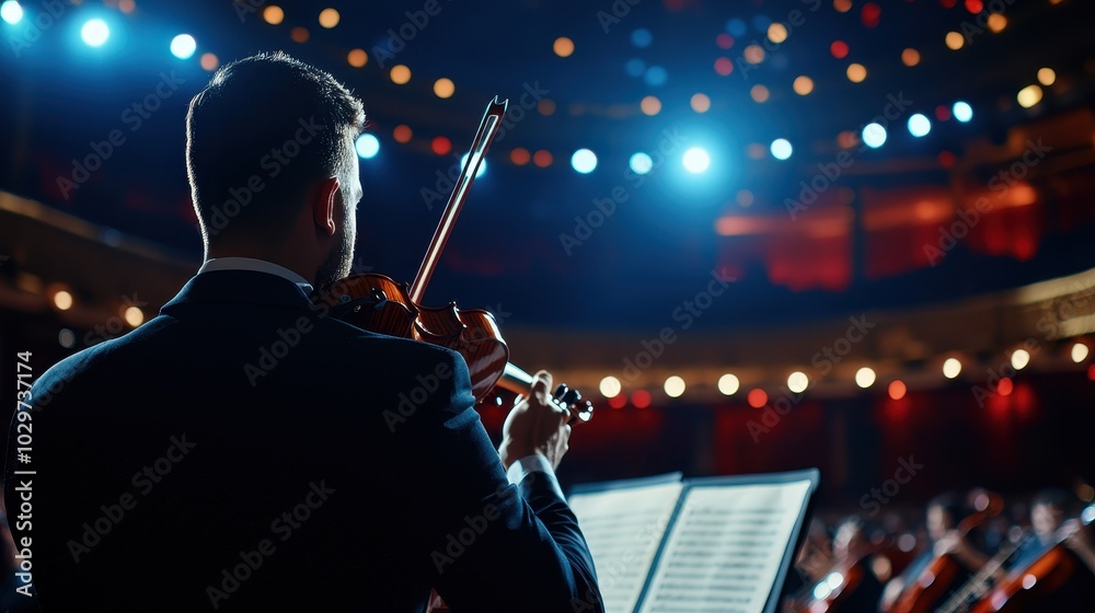 Fototapeta premium A violinist performs on stage, illuminated by bright lights, with music sheets in front, captivating an audience in a grand theater setting.