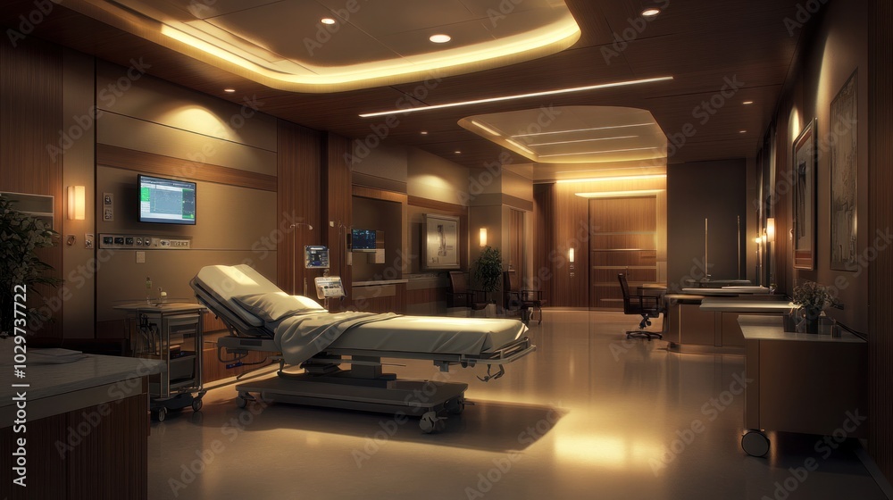 Modern hospital lighting design with soft ambient lights in patient areas and bright lights in operating rooms Modern hospital lighting design with soft ambient lights in patient areas and bright lights in operating rooms