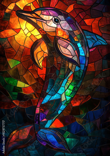 Colorful Stained Glass Dolphin Illustration in Vibrant Abstract Design