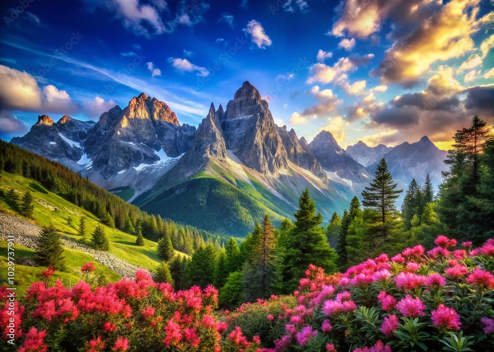 Fototapeta premium Breathtaking Mountain Landscape with Blooming Pink Flowers for Stunning HDR Photography
