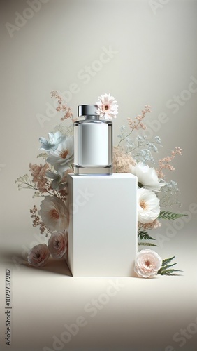 cosmetic product mockup in transparent bottle with flowers