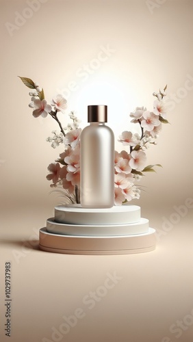 cosmetic product mockup in transparent bottle with flowers