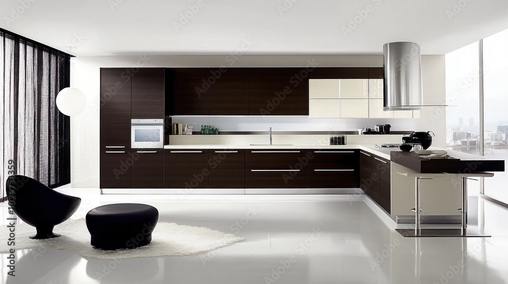 Fototapeta premium Modern kitchen interior decoration with sleek countertops, minimalist cabinets, and elegant lighting