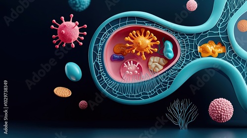 Colorful microscopic view of cells and microorganisms in a detailed design.