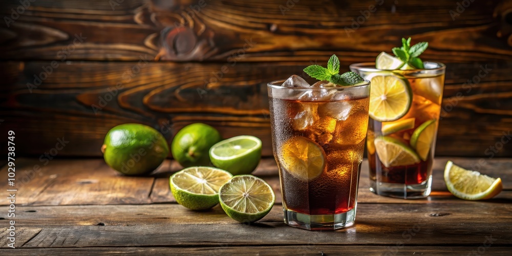 Ice cold lemon cola and glass of Cuba Libre with rum on rustic wooden table, refreshing, drink, cocktail, alcoholic beverage Ice cold lemon cola and glass of Cuba Libre with rum on rustic wooden table, refreshing, drink, cocktail, alcoholic beverage
