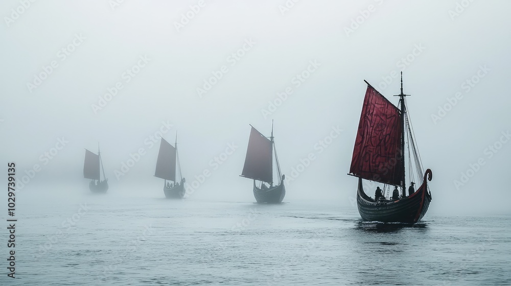 Fototapeta premium Viking Ships Gliding Through Foggy Waters
