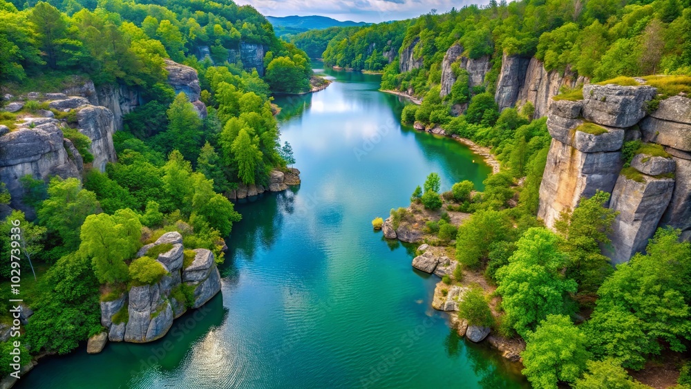 Fototapeta premium An aerial view of a winding river carved through a canyon, revealing a vibrant tapestry of lush greenery and imposing rock formations.