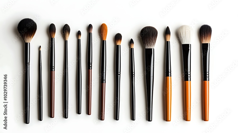 Makeup brushes on white background.