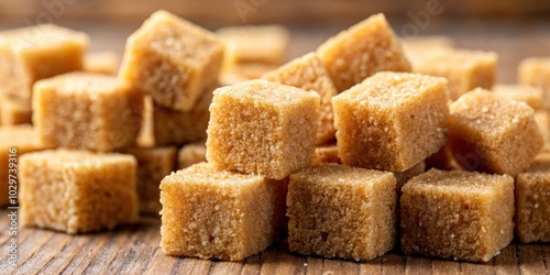 Close up of Demerara golden brown sugar cubes , brown sugar, cubes, sweet, macro, sugar crystals, texture, isolated