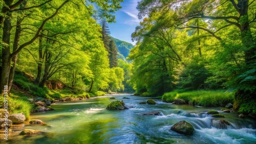 Mountain stream flowing under a lush green canopy on a sunny summer day, mountain, stream, water, flowing, green, trees, canopy