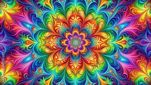 A vibrant abstract floral design with swirling lines and vivid colors, showcasing a kaleidoscope of hues and textures.