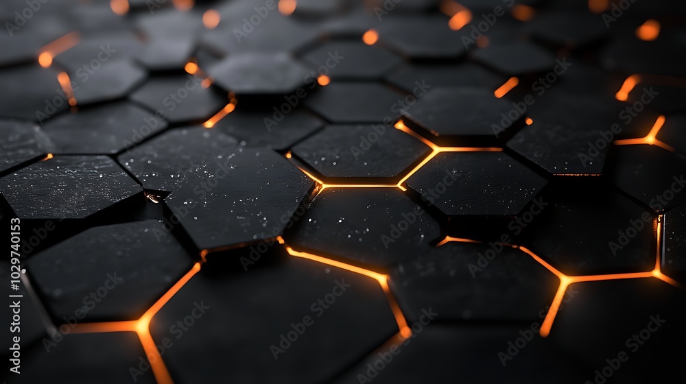 Fototapeta premium black hexagonal background with orange glowing particles.