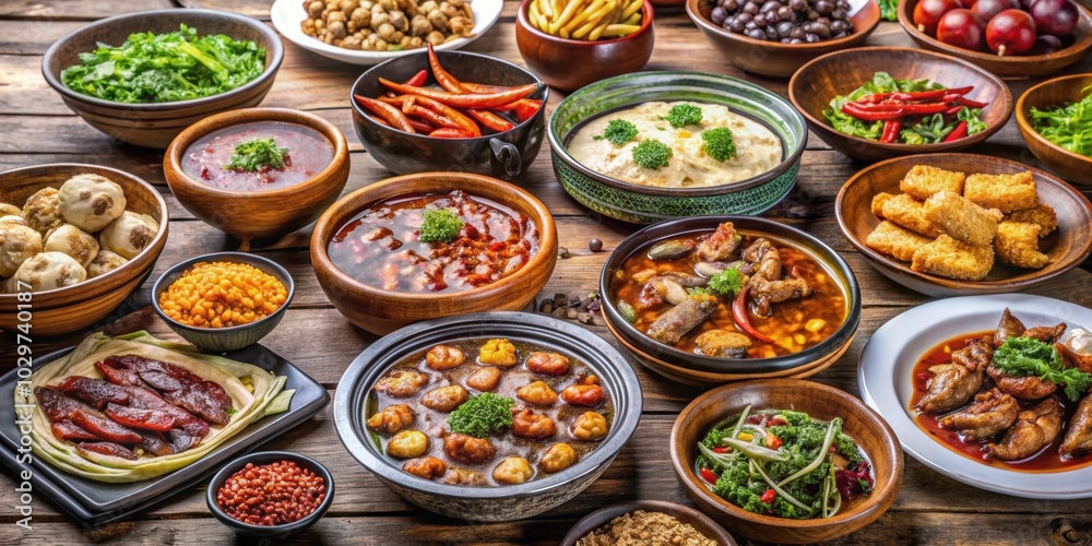 Traditional rural banquet dishes from Northeastern China featuring a variety of hearty and flavorful dishes Traditional rural banquet dishes from Northeastern China featuring a variety of hearty and flavorful dishes