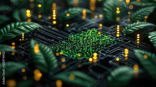 Green plants growing on a circuit board, symbolizing nature and technology integration.