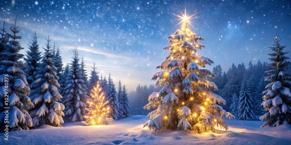 A Winter Wonderland with a Festive Glow in the Forest, Illuminating a Snowy Landscape with Christmas Lights A Winter Wonderland with a Festive Glow in the Forest, Illuminating a Snowy Landscape with Christmas Lights