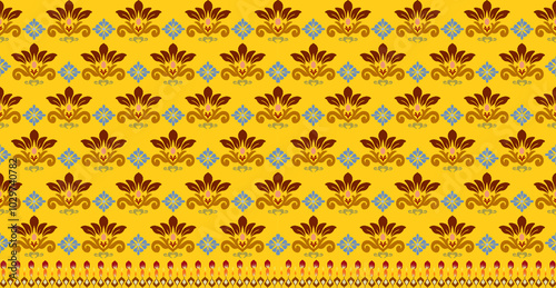 A vibrant yellow fabric pattern featuring intricate floral designs in maroon and blue, perfect for textiles or interior decor.