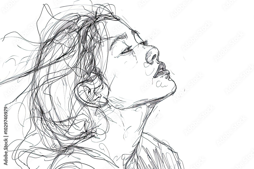 Fototapeta premium Beautiful girl face close up sketch. Hand drawn black and white pencil fashion illustration. Young woman portrait.