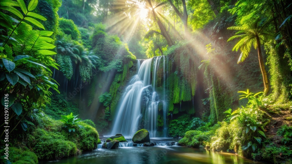 Hidden waterfall flowing through a lush jungle with sunlight filtering through the dense foliage Hidden waterfall flowing through a lush jungle with sunlight filtering through the dense foliage
