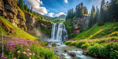 Majestic waterfall cascading down lush green mountainside, surrounded by wildflowers and ancient trees, waterfall