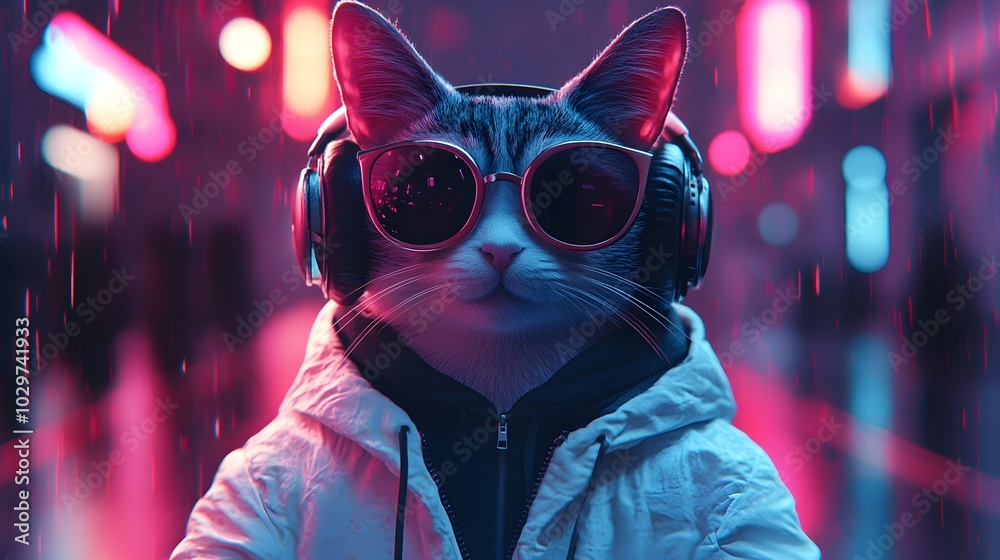 Cat-headed fantasy character, chilling in sunglasses and oversized headphones, white jacket glowing softly, pink and blue neon background pulsing Cat-headed fantasy character, chilling in sunglasses and oversized headphones, white jacket glowing softly, pink and blue neon background pulsing