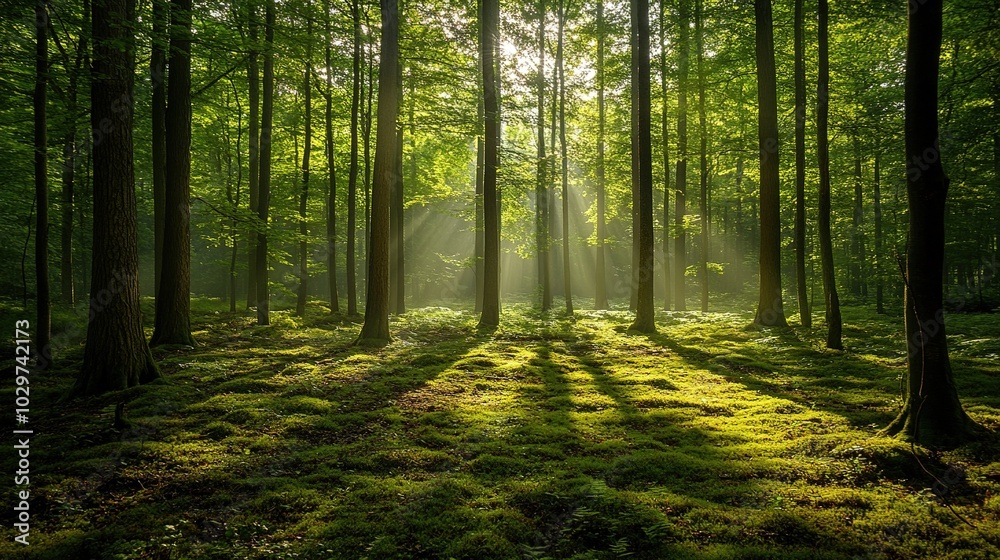 Obraz premium Serene Sunlight Through Lush Green Forest