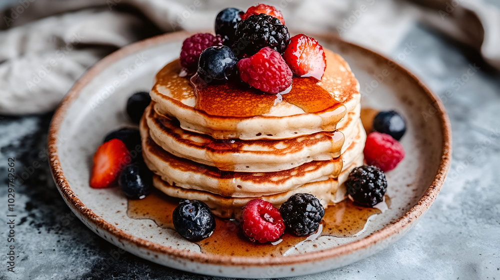 A delicious spread of pancakes with berries, a cake topped with berries, and pancakes with berries and chocolate A delicious spread of pancakes with berries, a cake topped with berries, and pancakes with berries and chocolate
