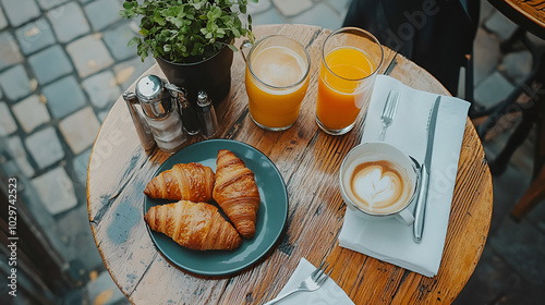 A delightful morning breakfast spread featuring a cup of coffee, fresh croissants, bread, sweet jam, fruit, and a glass of orange juice, perfect for a delicious start to the day photo