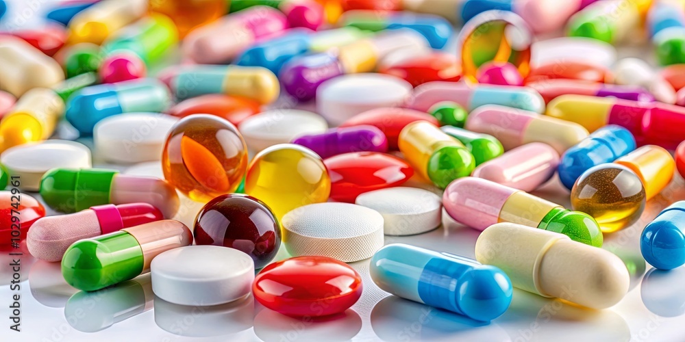 A colorful array of capsules and tablets, each one representing a potential remedy, a symbol of hope for better health and well-being. A colorful array of capsules and tablets, each one representing a potential remedy, a symbol of hope for better health and well-being.