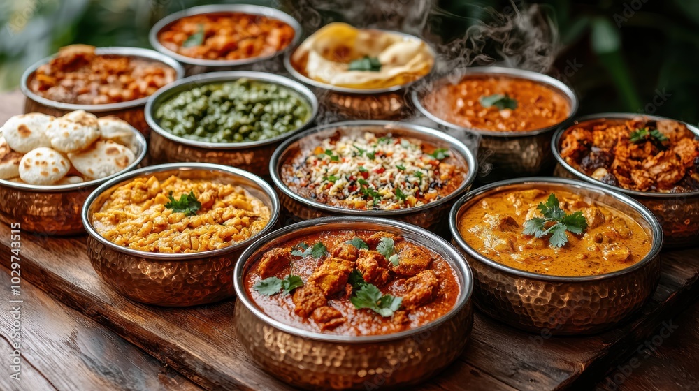 Assorted traditional Indian cuisine, featuring curries, rice, and naan bread served in copper bowls, offering a rich and flavorful dining experience