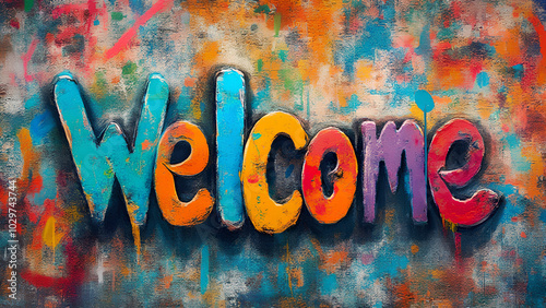 Colorful graffiti of the word 'welcome' on a textured wall symbolizing urban art and inclusivity