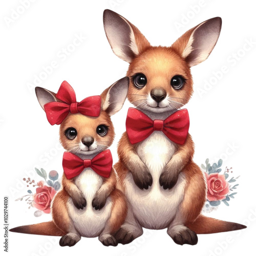 Two kangaroos with bows around their necks stand looking at the camera.  clipart watercolor 