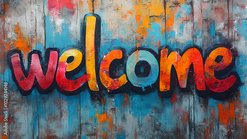 Colorful graffiti of the word 'welcome' on a textured wall symbolizing urban art and inclusivity photo