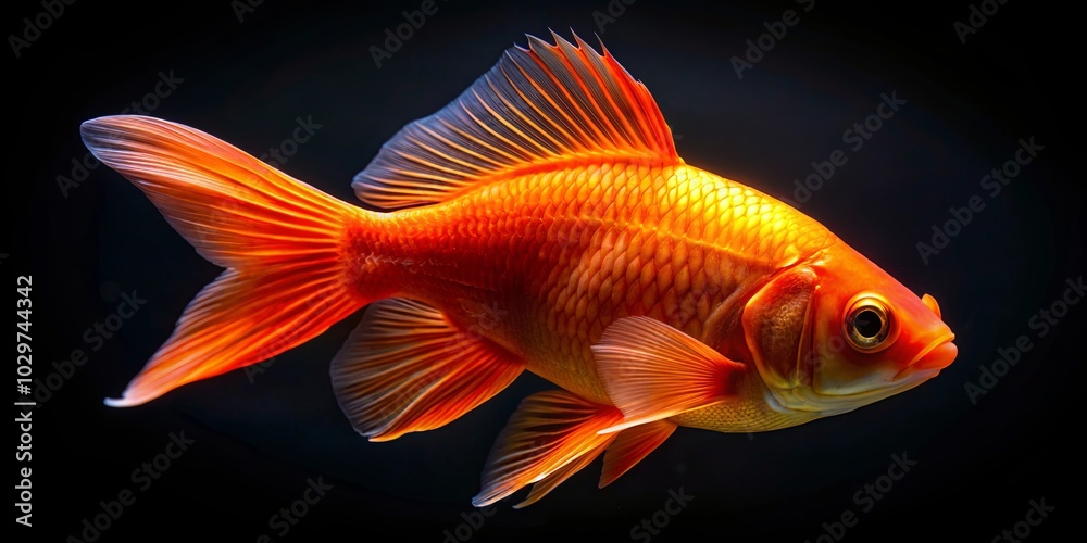 A vibrant orange goldfish with shimmering scales and flowing fins, isolated against a dark backdrop, creating a captivating contrast between light and shadow.