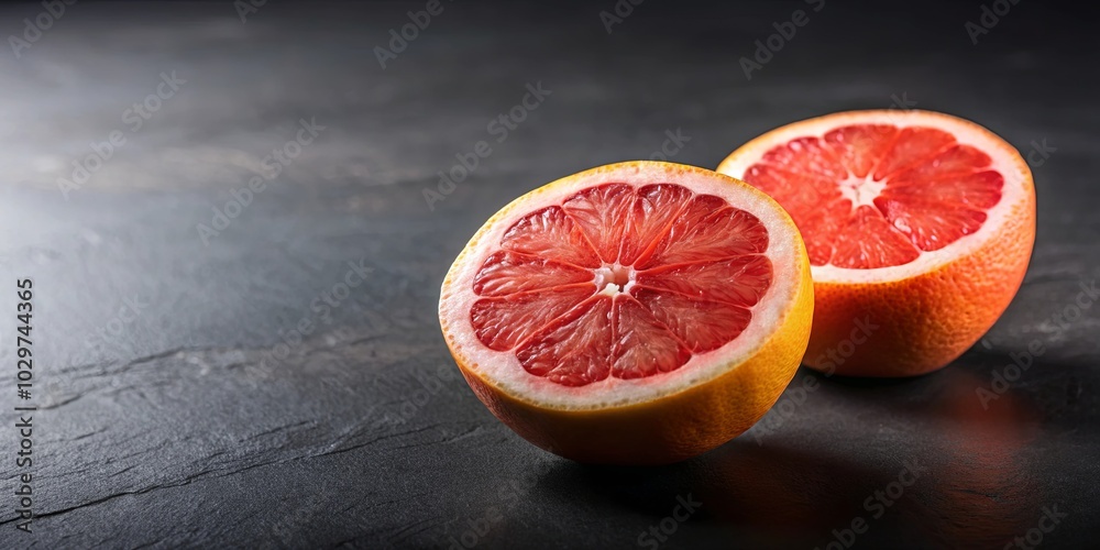 A vivid slice of juicy grapefruit with a hint of yellow, resting upon a dark, textured surface, promising a burst of flavor. A vivid slice of juicy grapefruit with a hint of yellow, resting upon a dark, textured surface, promising a burst of flavor.