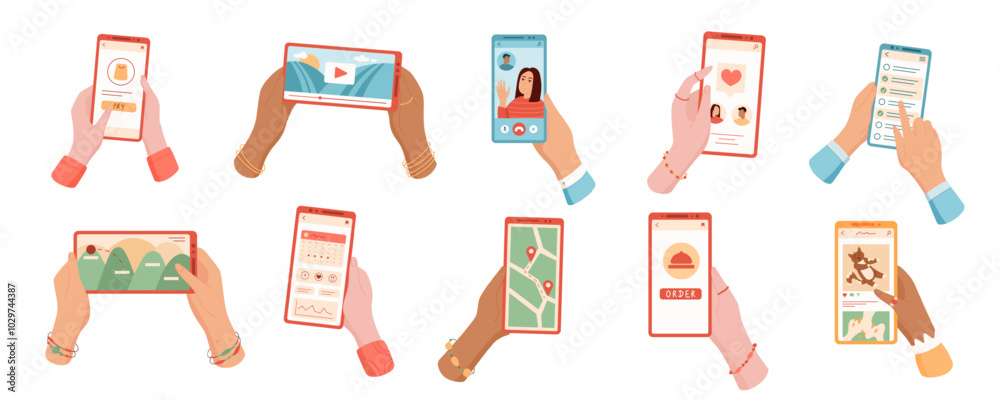 Set of user holding mobile phone in hand with screen showing apps and videos. Concept of technology, communication, and social interaction. Ideal for mobile app design and online chat service. Set of user holding mobile phone in hand with screen showing apps and videos. Concept of technology, communication, and social interaction. Ideal for mobile app design and online chat service.