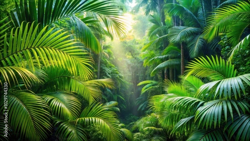 Lush tropical background with green plant leaves and palm trees in the South American forest, Tropical, background, green