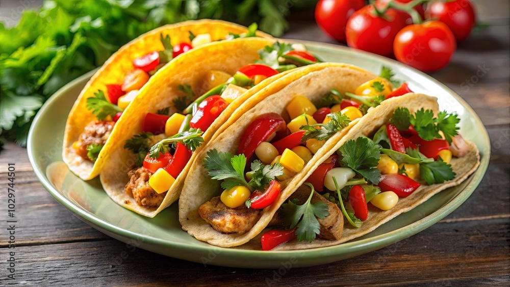 Aromatic corn and pepper filled tortillas with a sprinkle of fresh herbs, ready to be devoured Aromatic corn and pepper filled tortillas with a sprinkle of fresh herbs, ready to be devoured