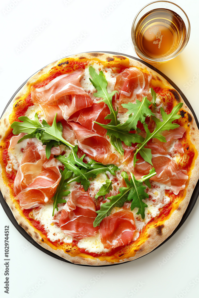 Delicious pizza topped with prosciutto and arugula Delicious pizza topped with prosciutto and arugula